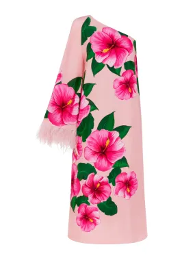 Aubrey crepe midi dress in Nyx pink floral print and feather trim